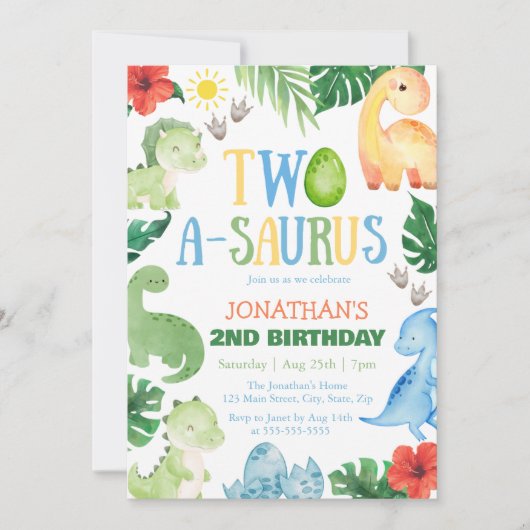 Two A-Saurus Dino 2nd Birthday 招待状 (正面)