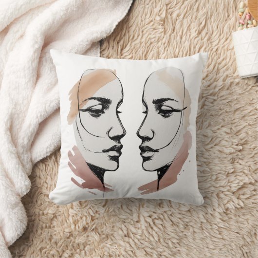 Two Abstract Faces One Line Pillow – Connection Th クッション (ブランケット)
