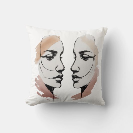 Two Abstract Faces One Line Pillow – Connection Th クッション (正面)