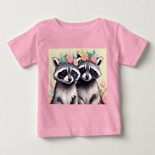Two Adorable Racoons In Flower Crowns ベビーTシャツ (正面)