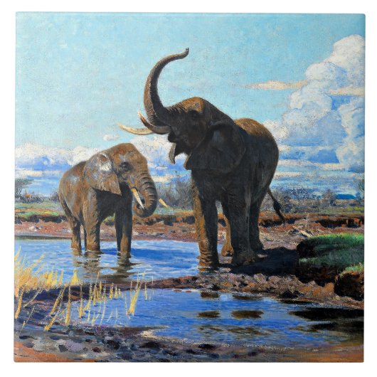 Two African Elephants at Watering Hole タイル (正面)