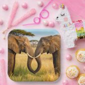 Two African Elephants In Savannah Grass ペーパープレート (パーティー)