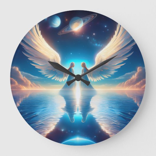Two Angels with Large Wings Facing Each Other on a ラージ壁時計 (正面)