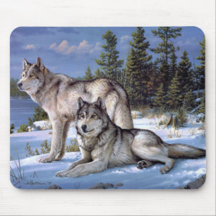 Two arctic wolves painting マウスパッド