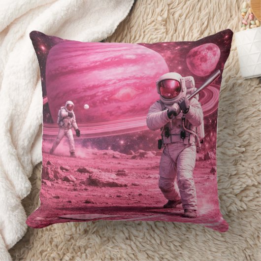 Two Astronauts Playing Baseball on Pink Planet クッション (ブランケット)