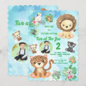 Two at The Zoo Jungle Animals Kids Birthday Photo 招待状 (正面/裏面)