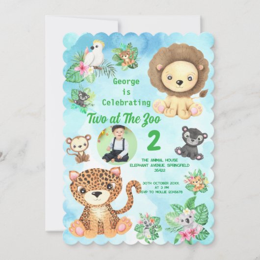 Two at The Zoo Jungle Animals Kids Birthday Photo 招待状 (正面)