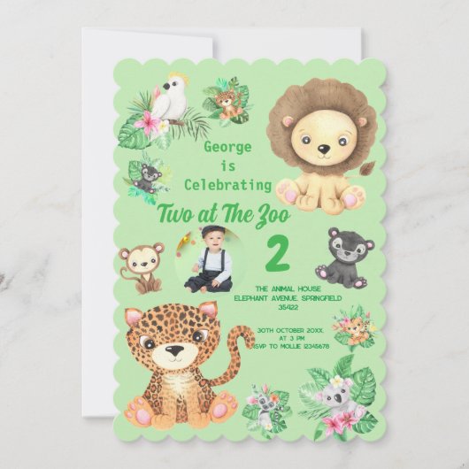 Two at The Zoo Jungle Animals Kids Birthday Photo 招待状 (正面)