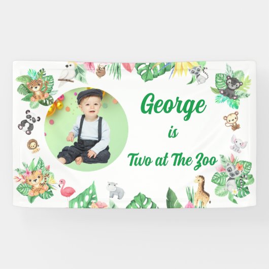 Two at The Zoo Safari Jungle Kids Photo Birthday 横断幕 (横)