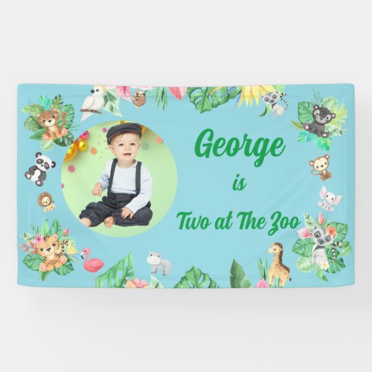 Two at The Zoo Safari Jungle Kids Photo Birthday 横断幕 (横)