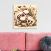 Two Axolotls with Vintage Botanical Touch キャンバスプリント (インサイチュ (リビング))