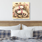 Two Axolotls with Vintage Botanical Touch キャンバスプリント (インサイチュ (寝室))