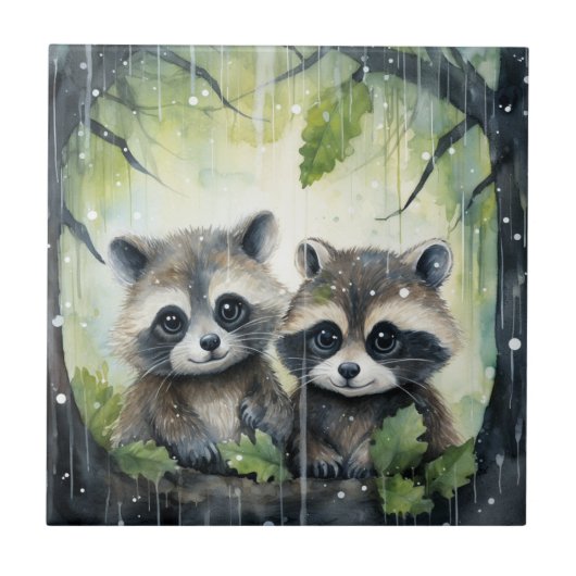 Two Baby Raccoons in the Rain タイル (正面)