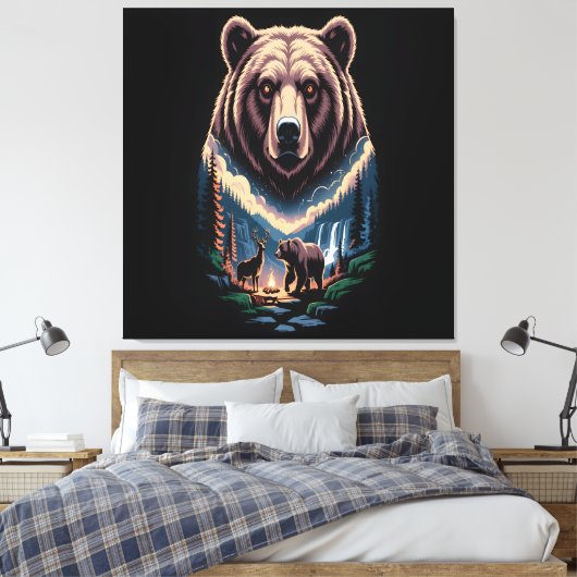 Two bears in the forest dark キャンバスプリント (インサイチュ (寝室))