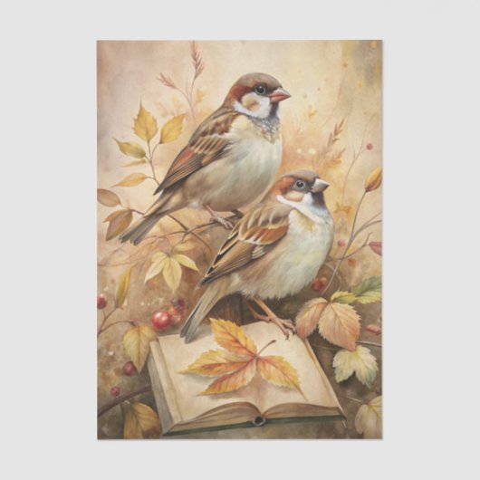 Two Beautiful Birds with Open Book & Autumn Leaves 薄葉紙 (正面)