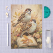 Two Beautiful Birds with Open Book & Autumn Leaves 薄葉紙 (クラフト)