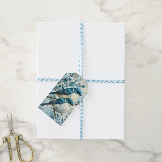 Two Blue Robins Christmas ギフトタグ (より糸付き)