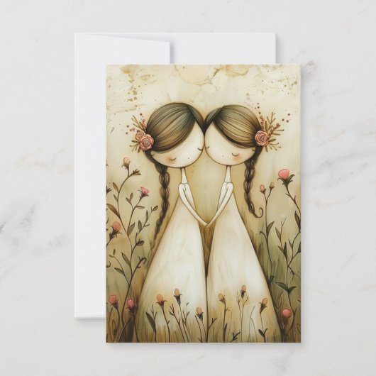 Two Brides Hand Drawn Pencil Illustration   出欠カード (正面)