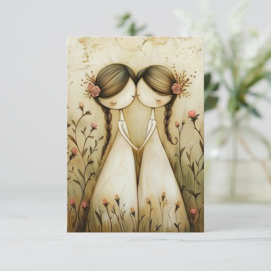 Two Brides Hand Drawn Pencil Illustration   出欠カード (スタンド正面)