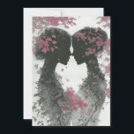 Two Brides Hand Drawn Pencil Pink Black 招待状<br><div class="desc">Cute wedding invitation for Lesbian,  LGBTQ couple. Two hand drawn brides facing each other,   in a garden with mauve,  pink leafy branches.  They have their hair up and the pretty leaves over their face makes a lovely silhouette. Pencil drawing for your special day.</div>