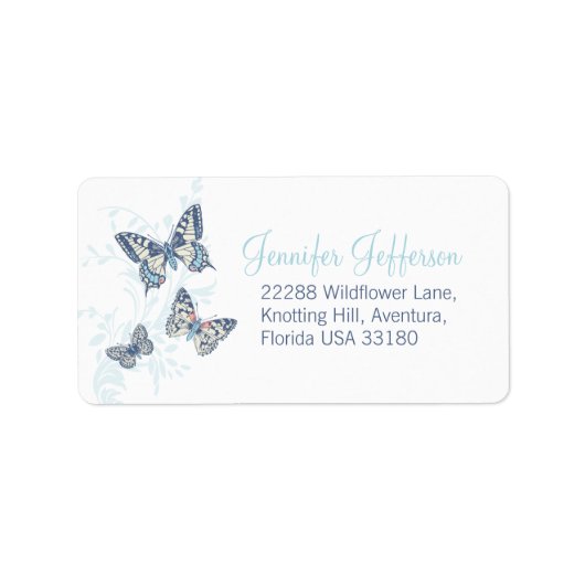 Two butterflies inked blue wedding ラベル (正面)
