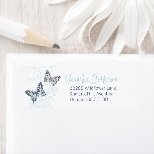 Two butterflies inked blue wedding ラベル (インサイチュ)