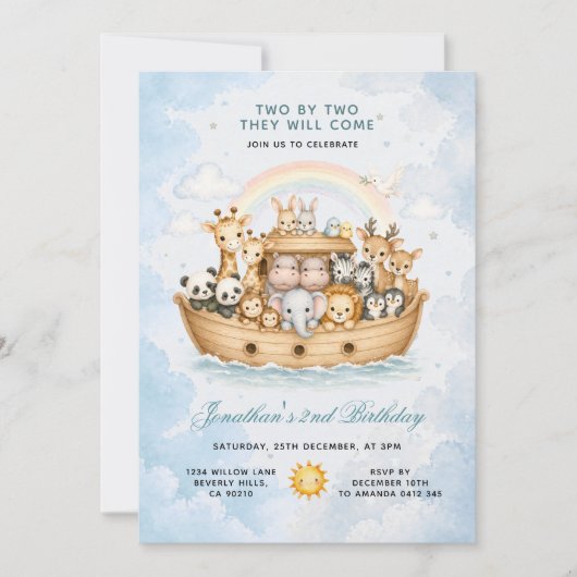 Two By Two Animals Party Noah Ark 招待状 (正面)