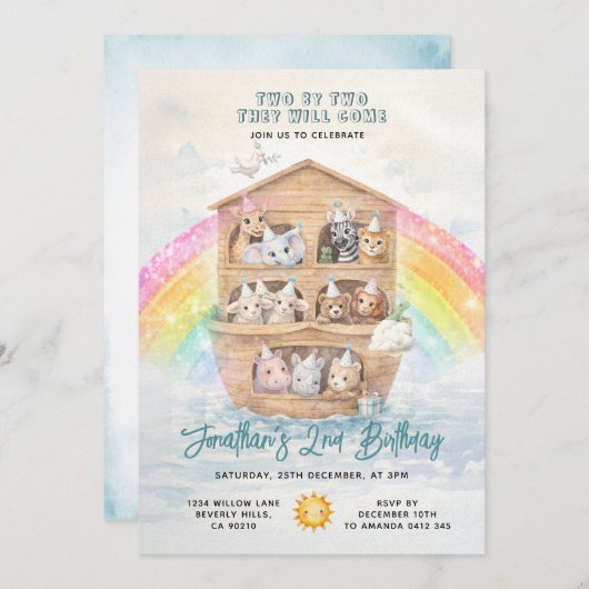 TWO BY TWO Noah's Ark Birthday Rainbow 招待状 (正面/裏面)