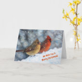Two Cardinal Birds Couple Cute Christmas Card カード (黄色い花)