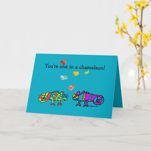 Two Cartoon Chameleon Blue Valentine Card カード (黄色い花)
