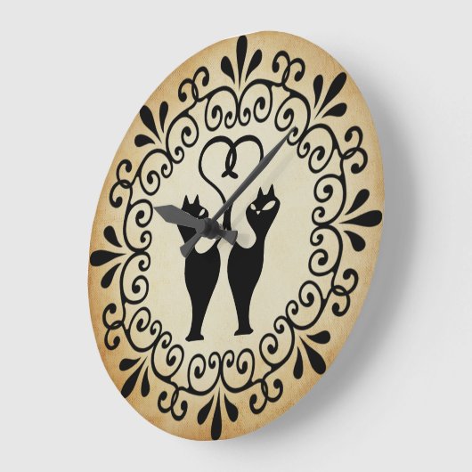 Two Cat Silhouette Wall Clock ラージ壁時計 (傾斜)