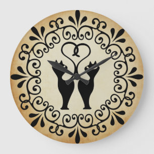Two Cat Silhouette Wall Clock ラージ壁時計