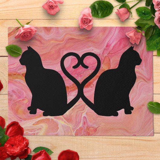 Two Cats Heart Tails on Pink Marble ドアマット