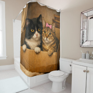 Two Cats in a Cardboard Box – Cozy Shower Curtain シャワーカーテン