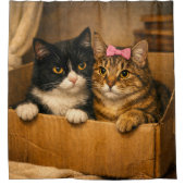 Two Cats in a Cardboard Box – Cozy Shower Curtain シャワーカーテン (正面)