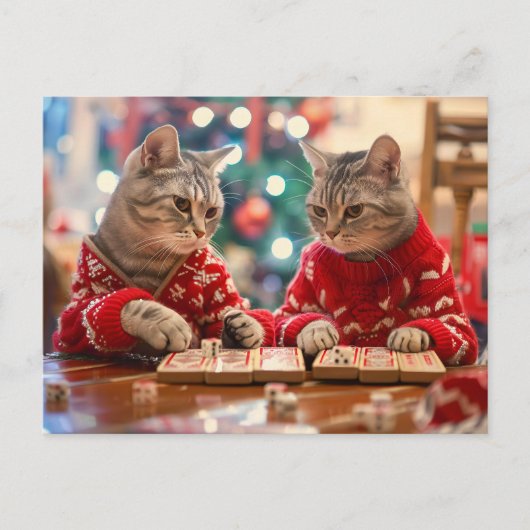 Two cats in red sweaters with festive background シーズンポストカード (正面)