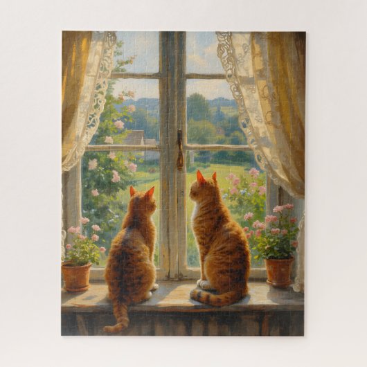 Two Cats sitting in a bay window seat  ジグソーパズル (縦)