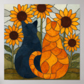 Two Cats with Sunflowers Stained Glass Pattern ポスター (正面)