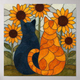 Two Cats with Sunflowers Stained Glass Pattern ポスター