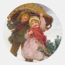 Two children in the snow by Frederick Morgan ラウンドシール