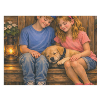 Two Children with Sleeping Puppy Rustic Tablecloth テーブルクロス
