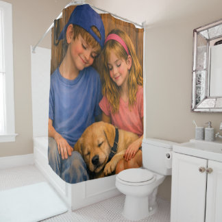 Two Children with Sleeping Puppy Shower Curtain シャワーカーテン
