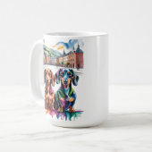 Two Colorful Dachshunds in European City Square コーヒーマグカップ (正面左)