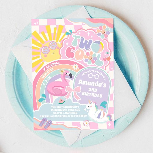 Two Cool Pool Party Rainbow 2nd Birthday  招待状