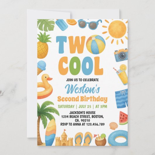 Two Cool Summer Beach 2nd Birthday Party 招待状 (正面)