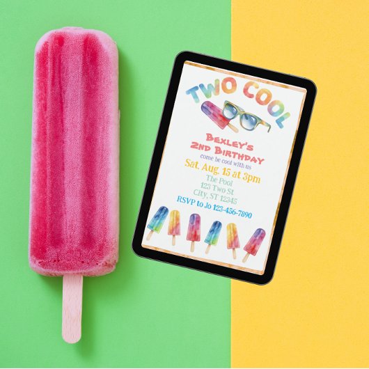 TWO Cool, Watercolor Popsicle 2nd Birthday 招待状