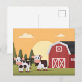 Two Cows and a Red Barn at Sunrise ポストカード (正面/裏面)
