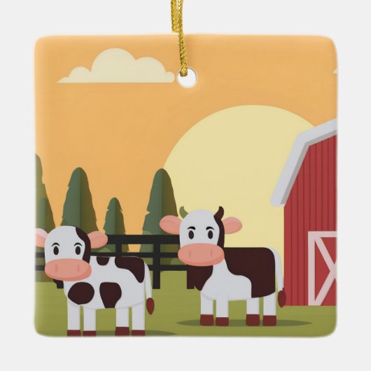 Two Cows and a Red Barn at Sunset Christmas セラミックオーナメント (正面)
