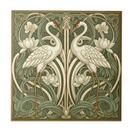 Two Cranes Art Nouveau Pat#10 Olive Ivory ID1193 タイル (正面)