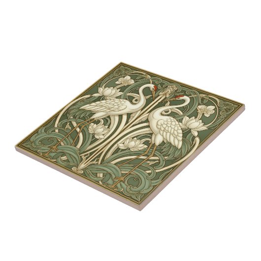 Two Cranes Art Nouveau Pat#10 Olive Ivory ID1193 タイル (側面)